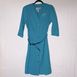 Vintage Allison Hayward Irene Hill Turquoise Button Front Belted Midi Dress L